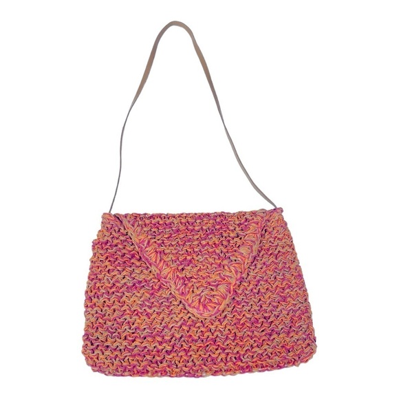 Paper Straw Colorful Crossbody bag, Pink, Orange, Tan. Snap button closure. - Picture 1 of 11